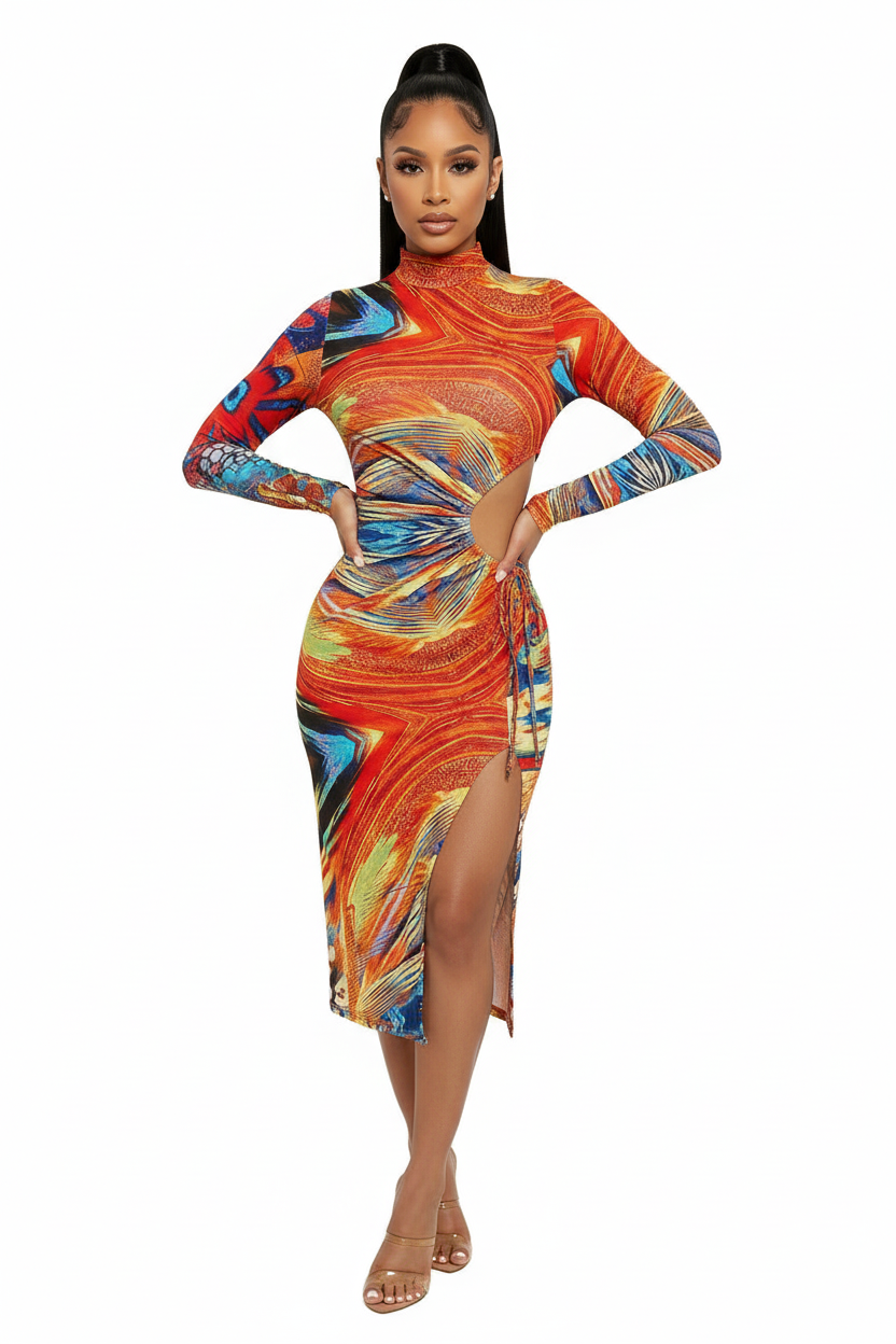 Mid-Length Printed Dress - Orange