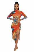 Mid-Length Printed Dress - Orange