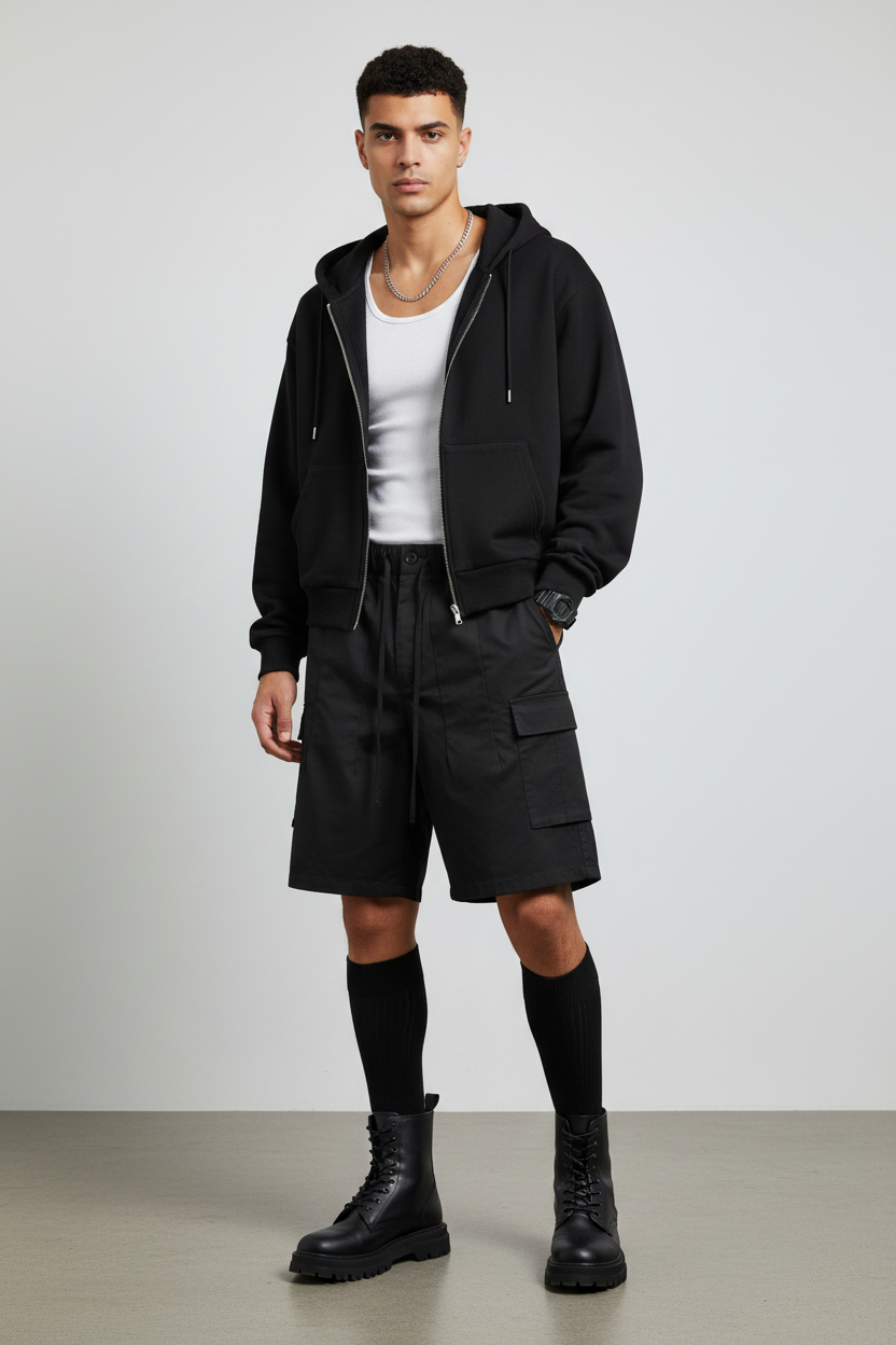 Pleated Multi-pocket Casual Shorts - Black