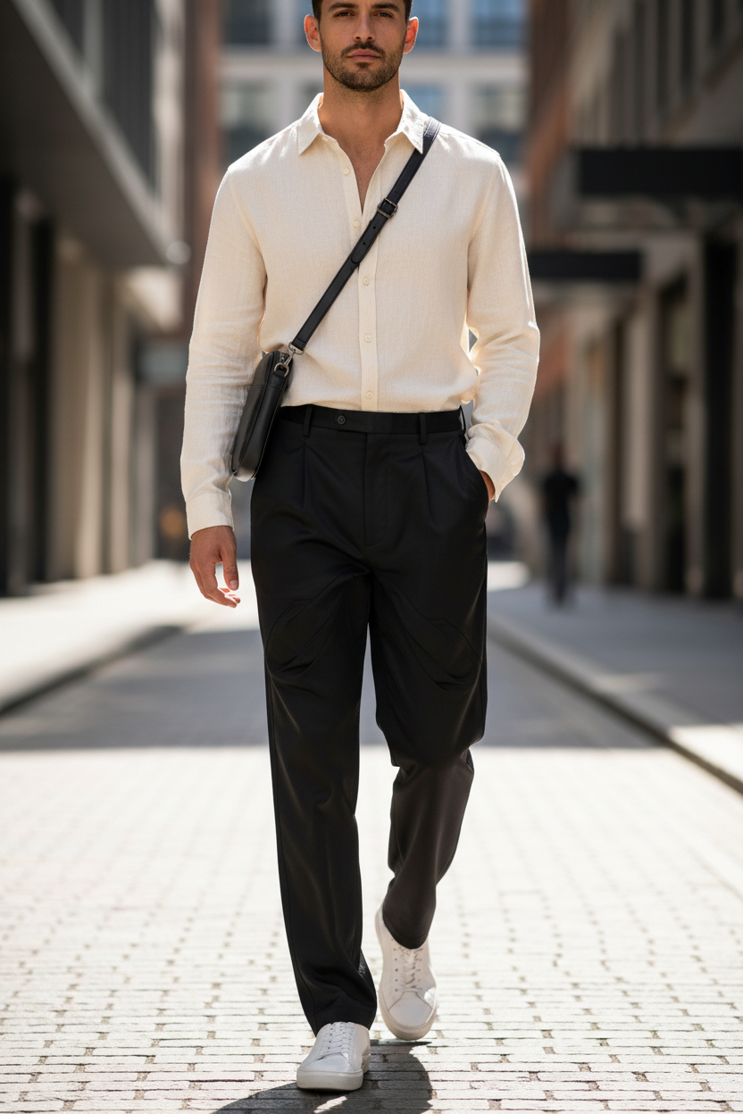 Pleated Silk Casual Loose Fit Pants - Male Model