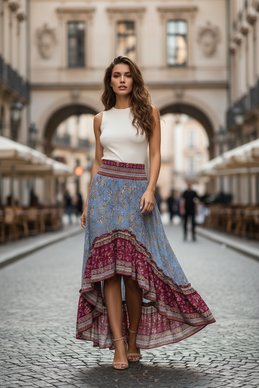 Printed Ruffled Front Skirt Grey Blue - Female Model