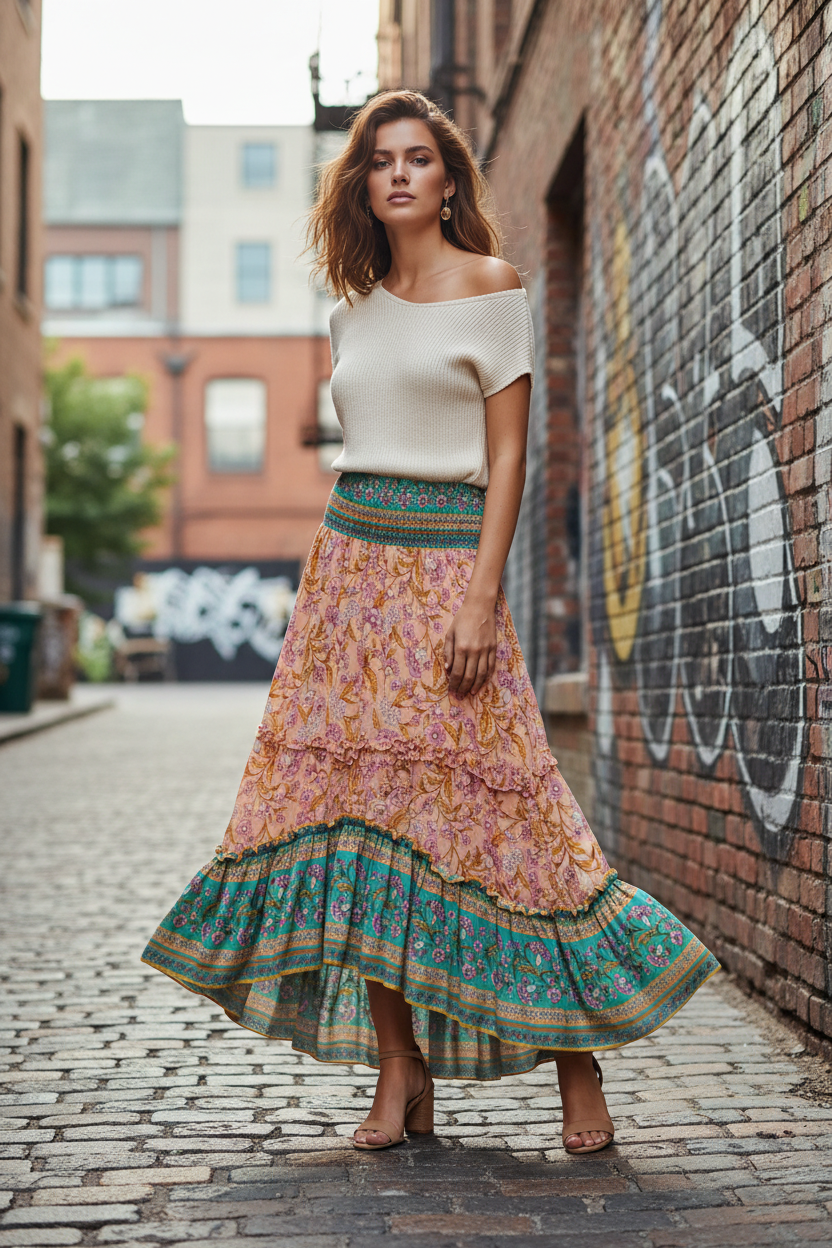 Printed Ruffled Front Skirt Orange - Female Model