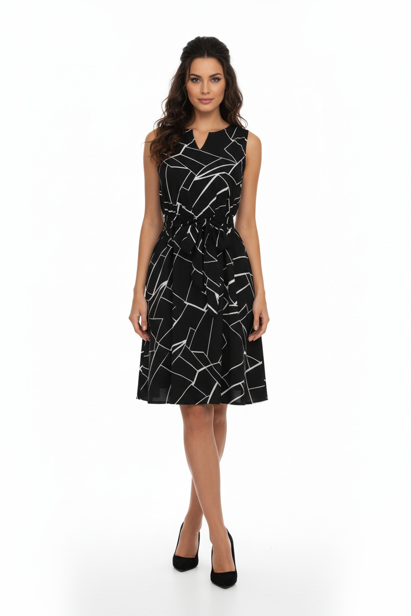 Printed Sleeveless Dress - Black
