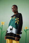 Cartoon Floral Pattern Oversized Knit Sweater