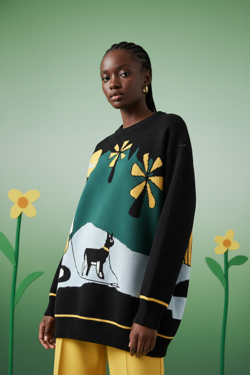 Cartoon Floral Pattern Oversized Knit Sweater