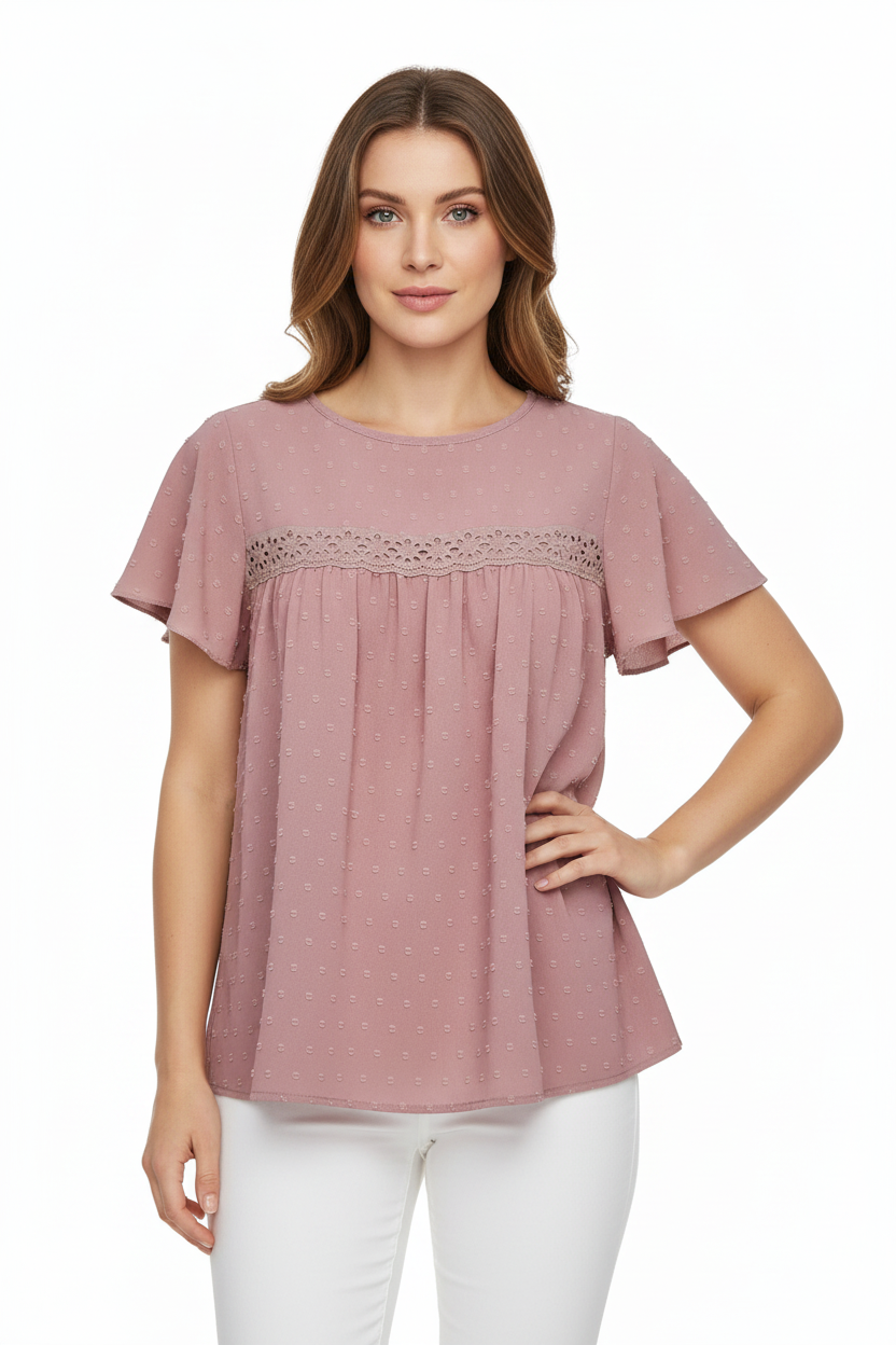 Solid Color Lace Babydoll Short Sleeve Summer Tops