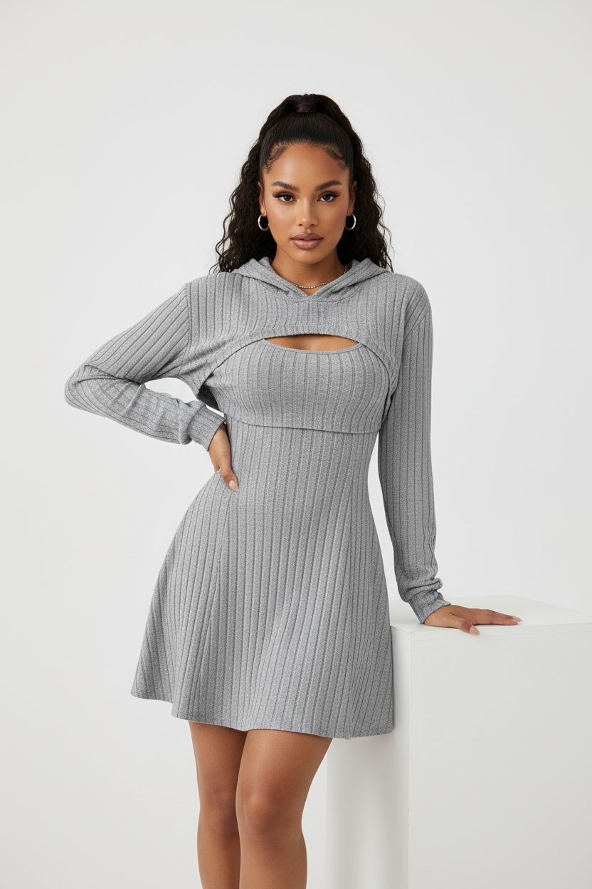 Rib Knit Hooded Long Sleeve Crop Top and Flared Short Tank Dress Two Piece