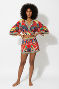 Two Piece Outfits - Floral Print Pullover Crop Top 3/4 Sleeve Short Sets