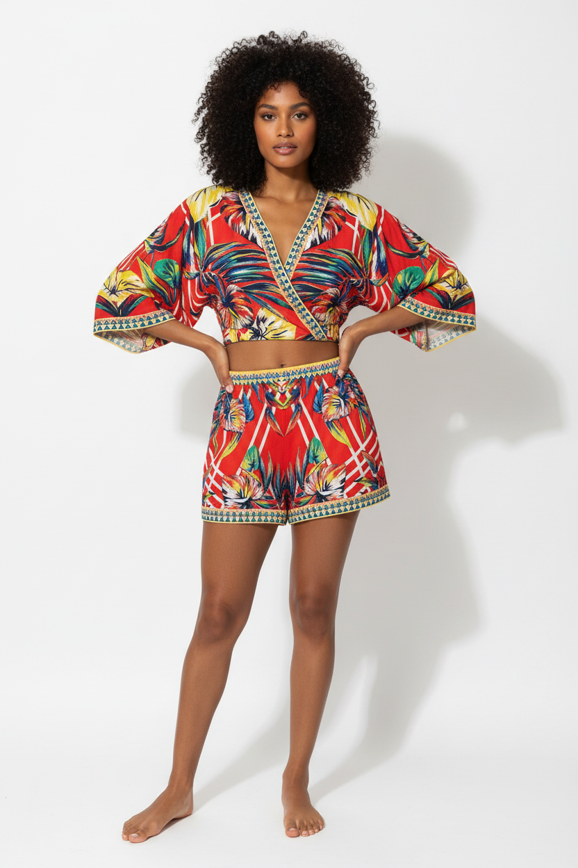 Two Piece Outfits - Floral Print Pullover Crop Top 3/4 Sleeve Short Sets