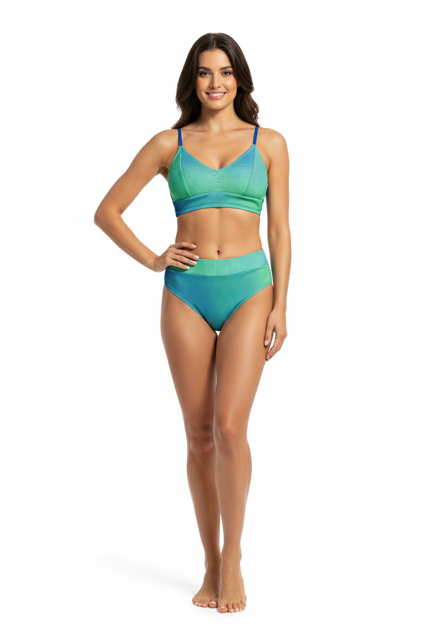 Bikini Sets - Two-Piece Swimsuit High Waisted Striped V Neck Swimwear