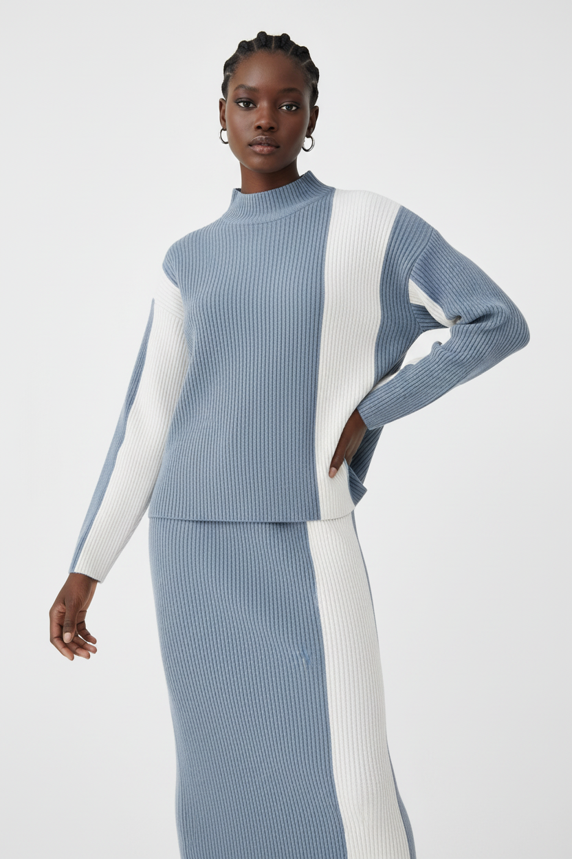 Two Piece Sweater Outfits Mock Neck Pullover Knitwear High Waist Skirt