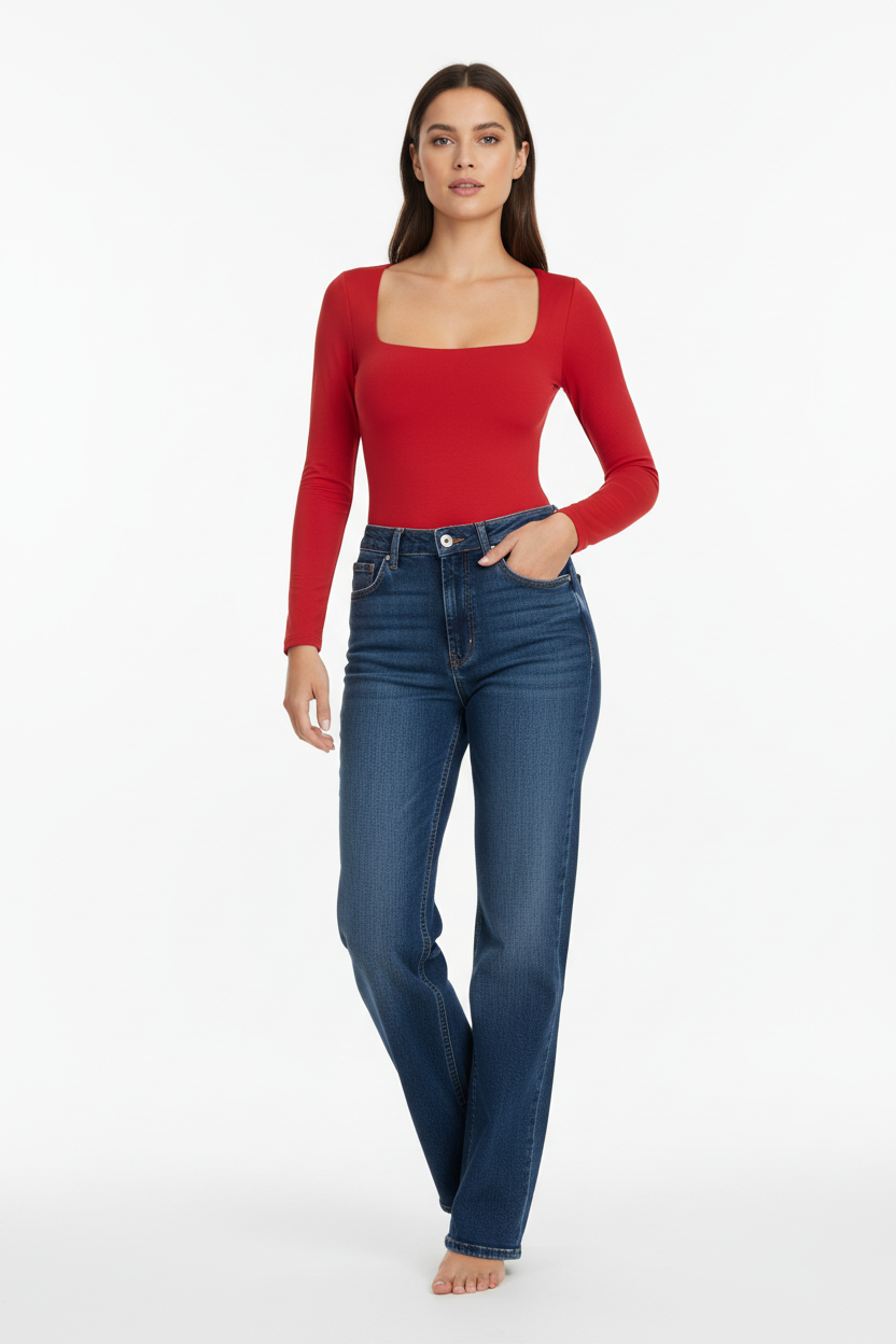 Slim Fit Long Sleeve Square Neck T-Shirt Tops