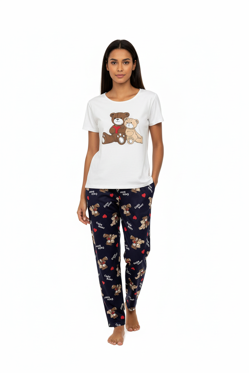 Cartoon Print Short Sleeve Top with Long Pants Two Piece Pajama Sets