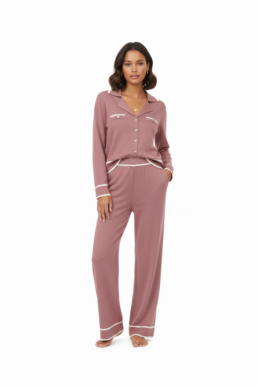 Fall Knit Two Piece Casual Long Sleeve V Neck Sweater Shirts and Wide Leg Pants Matching Lounge Sets