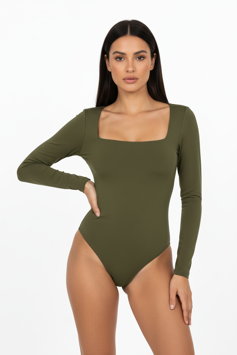 Slim Fit Long Sleeve Square Neck T-Shirt Tops