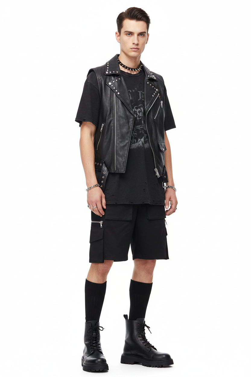 Punk Style Multi-Pocket Casual Shorts - Black