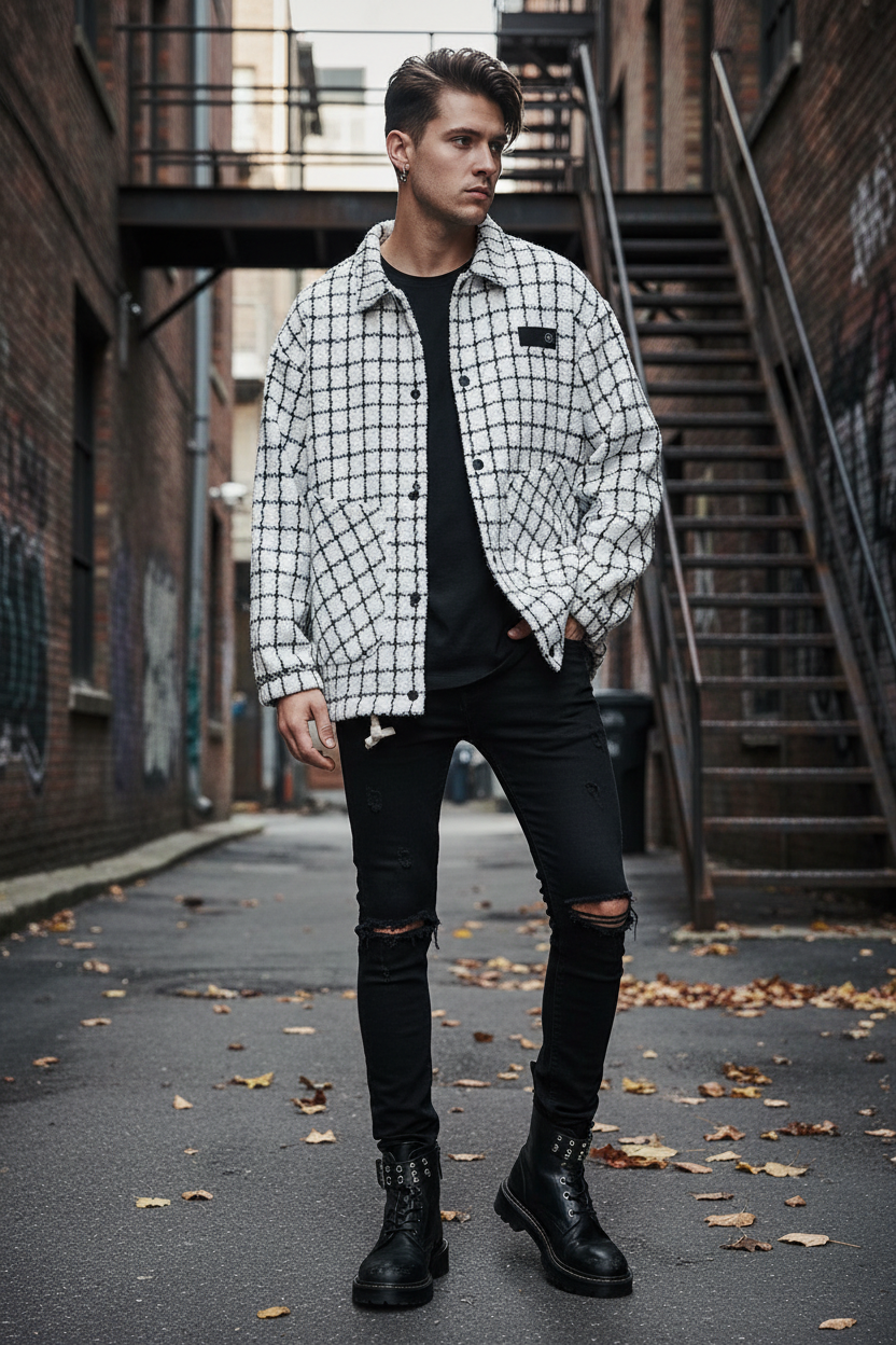 Punk Style Single Breasted Plaid Jacket - Male Model