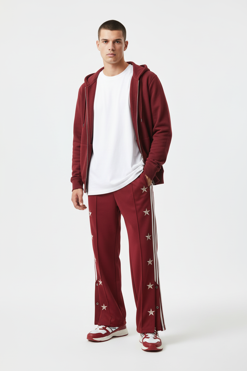 Red Button Casual Loose Fit Striped Pants - Red