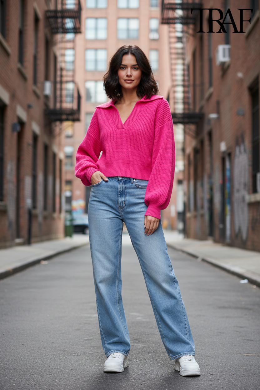 Retro Short Knitted Sweater - Female Model