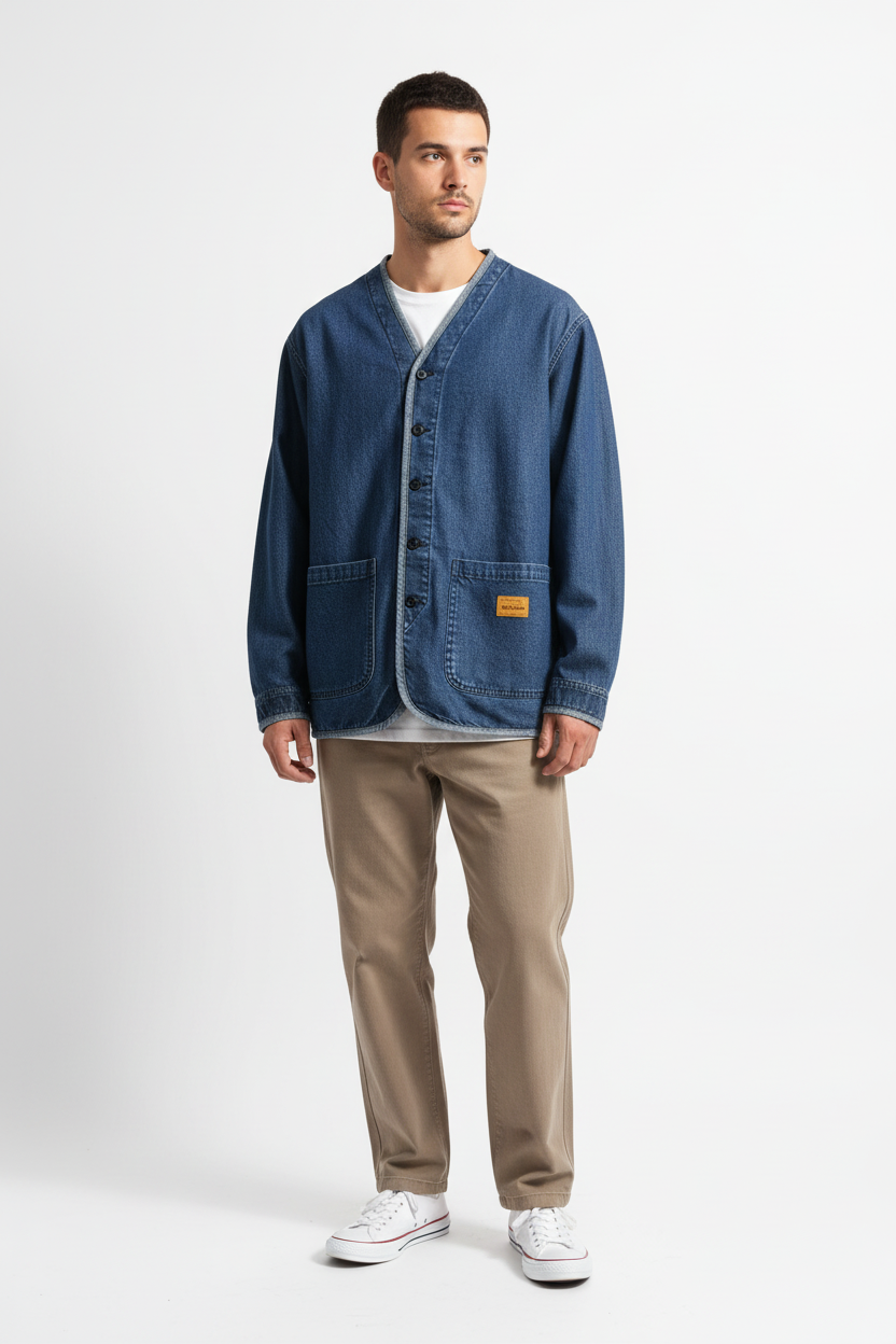 Retro V-Neck Denim Cardigan Jacket - Male Model