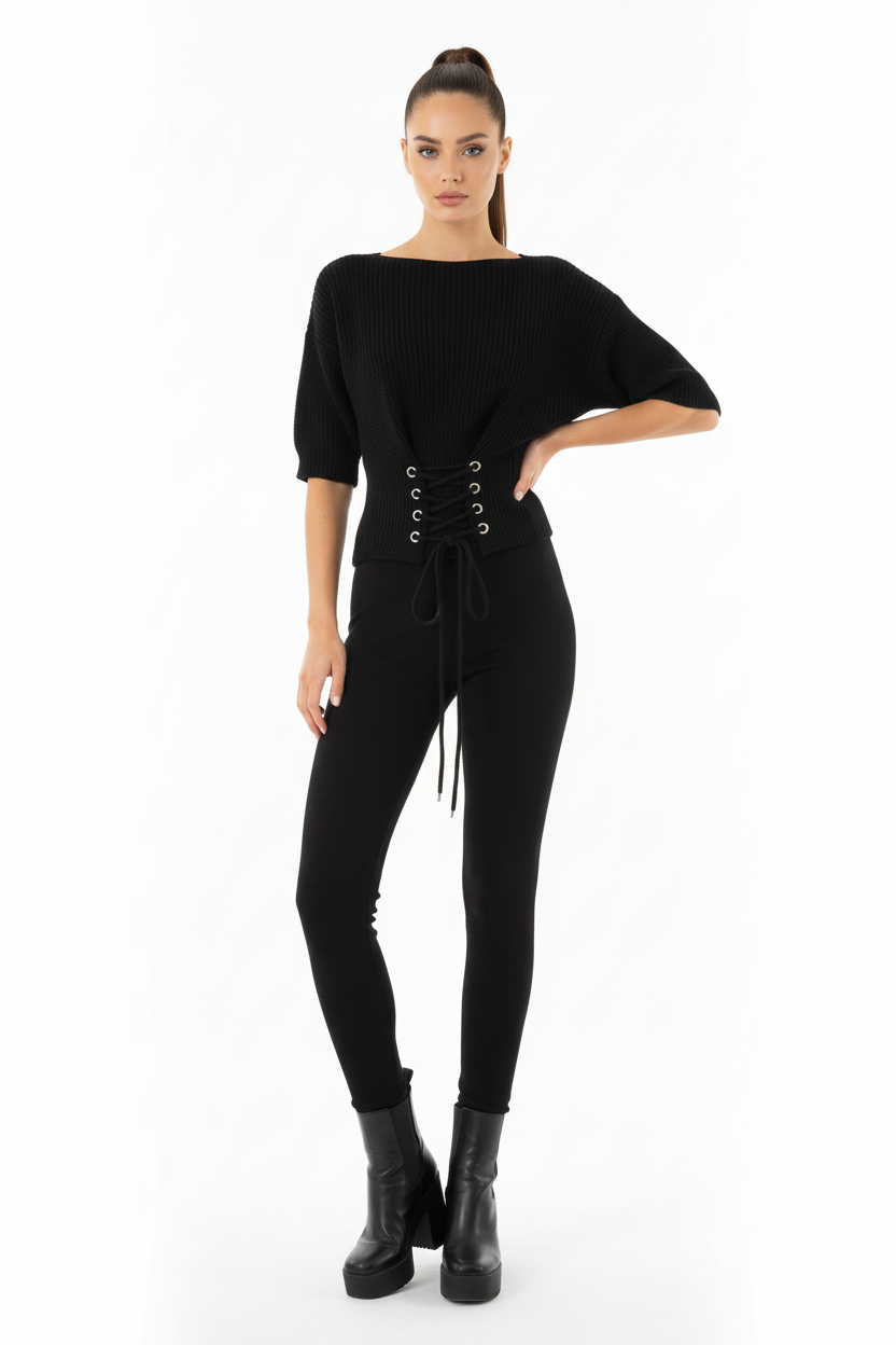 Short Knit Sweater with Waist Tie - Black