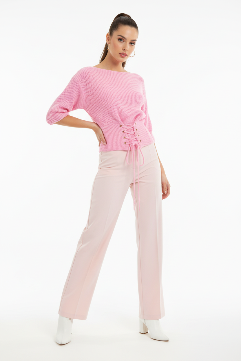 Short Knit Sweater with Waist Tie - Pink