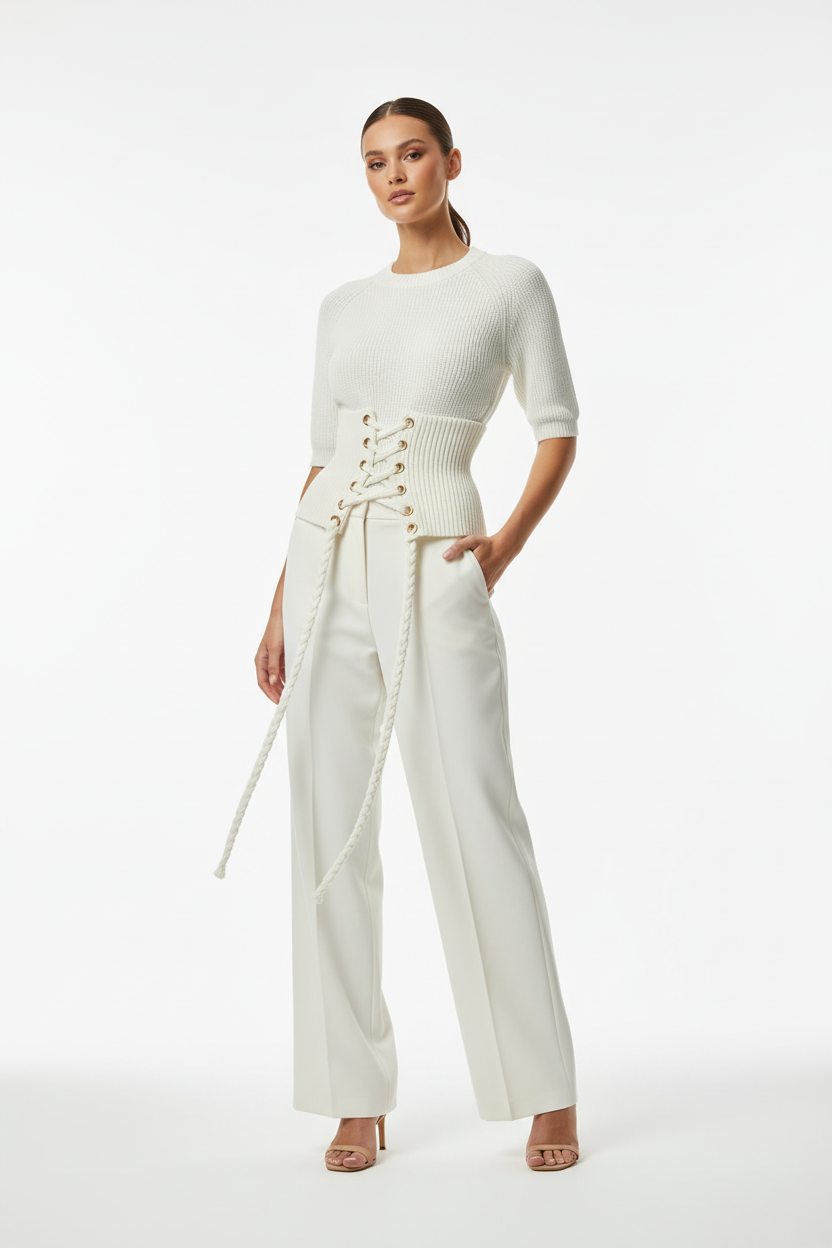 Short Knit Sweater with Waist Tie - Rice White