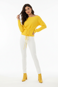 Short Knit Sweater with Waist Tie - Yellow