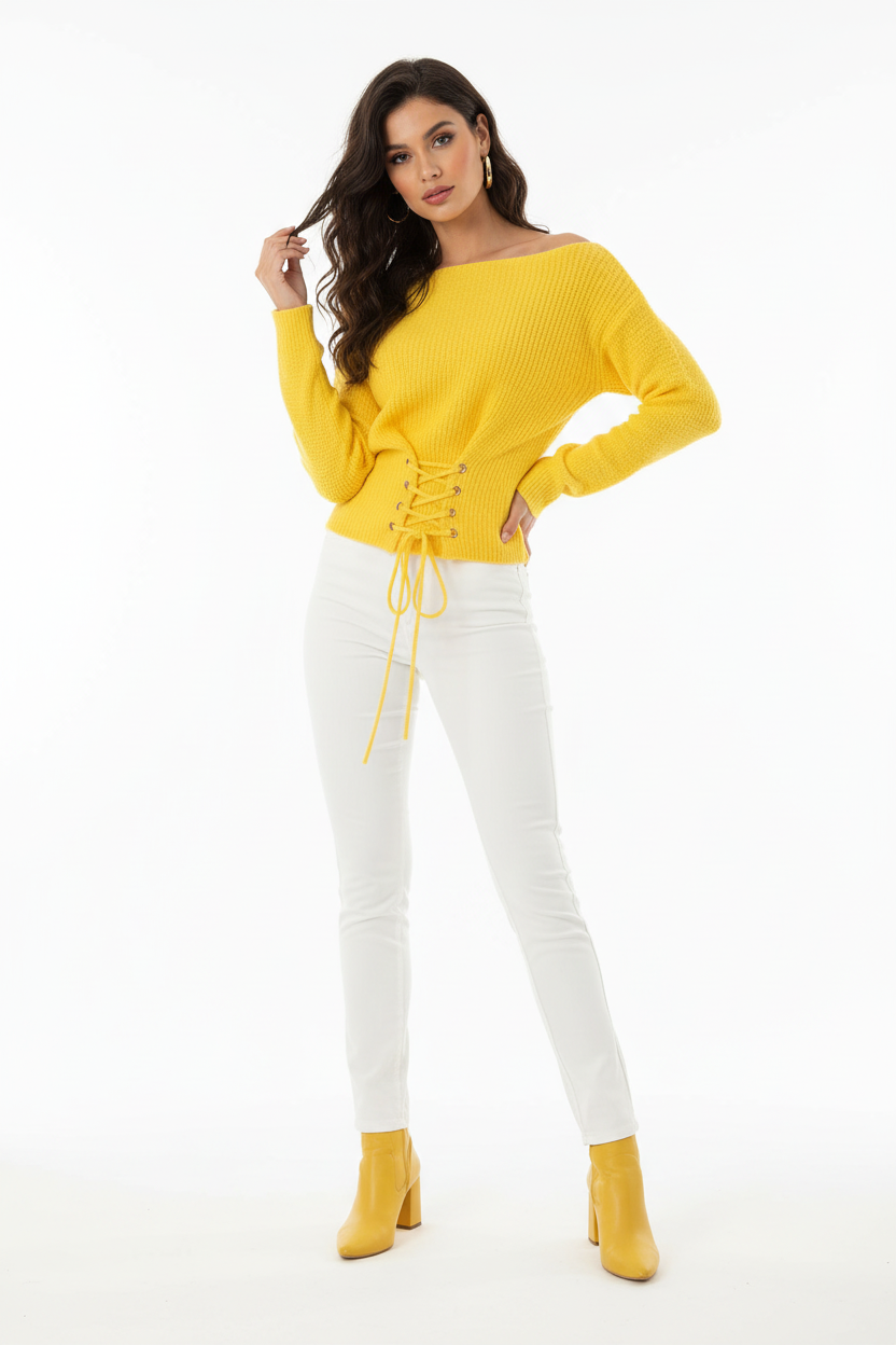 Short Knit Sweater with Waist Tie - Yellow
