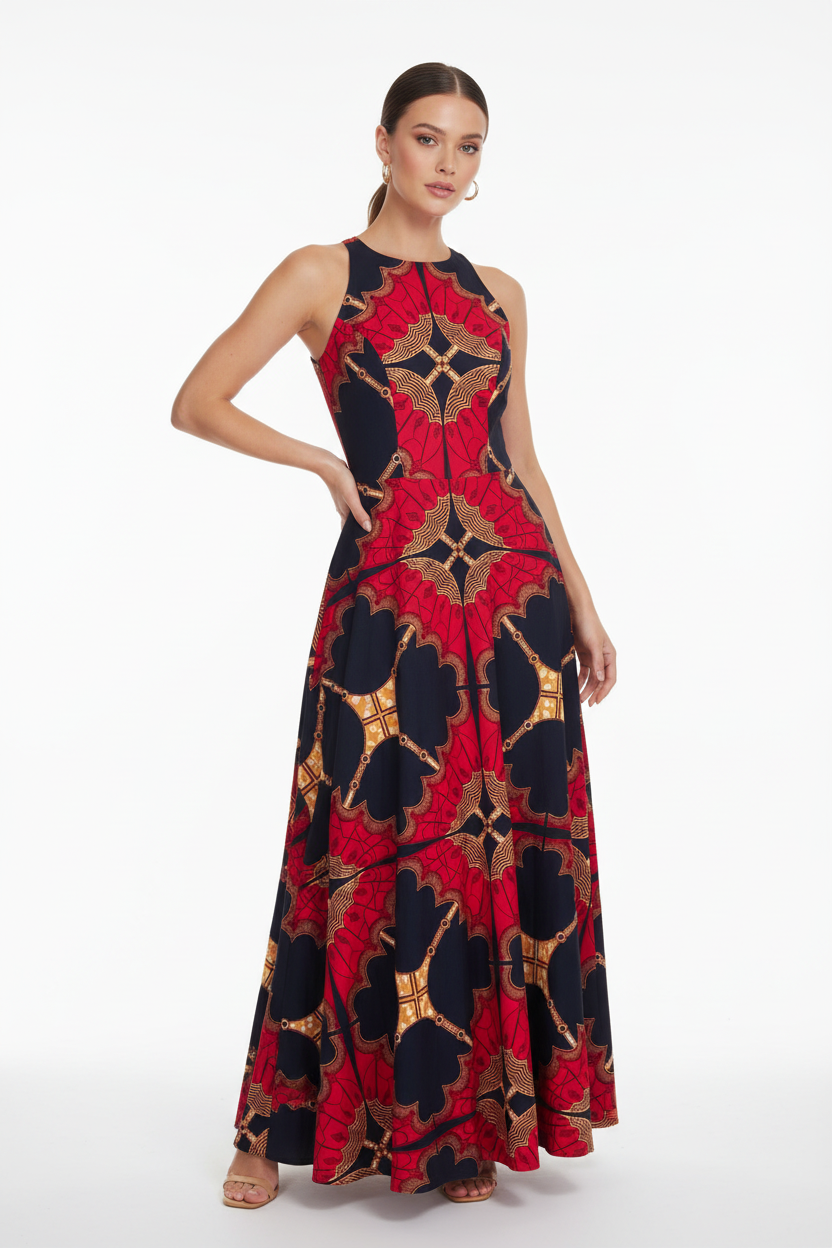 Sleeveless Printed Maxi Dress - Red