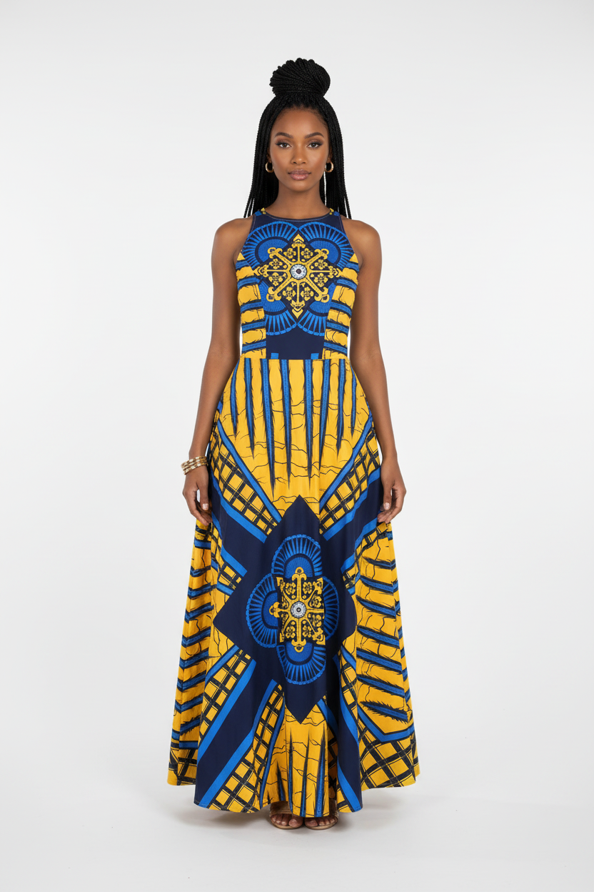 Sleeveless Printed Maxi Dress - Yellow