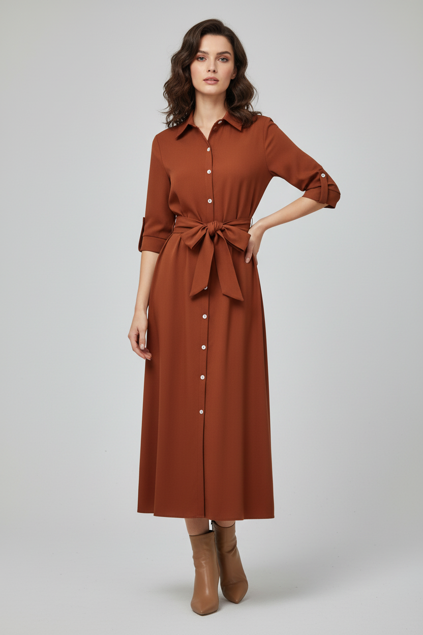 Slim Single Breasted Shirt Dress - Apricot
