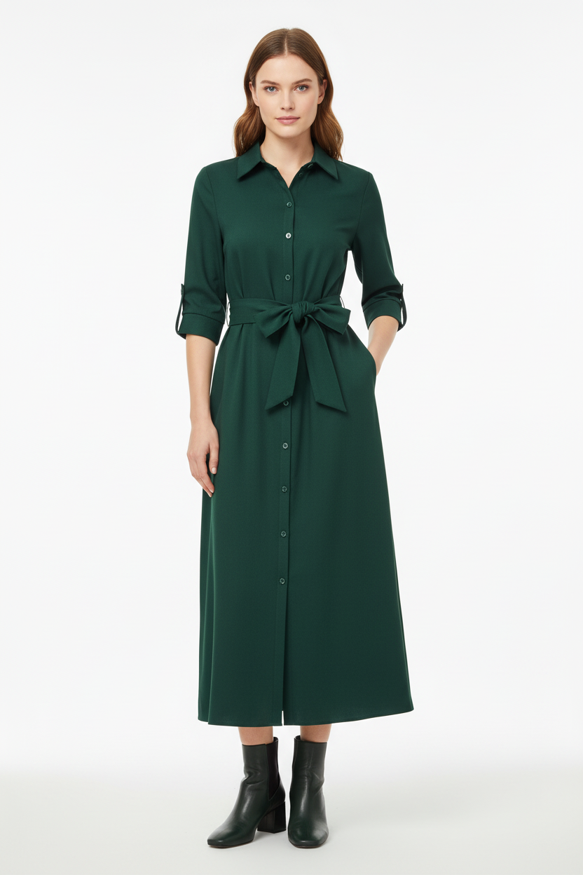Slim Single Breasted Shirt Dress - Dark Green