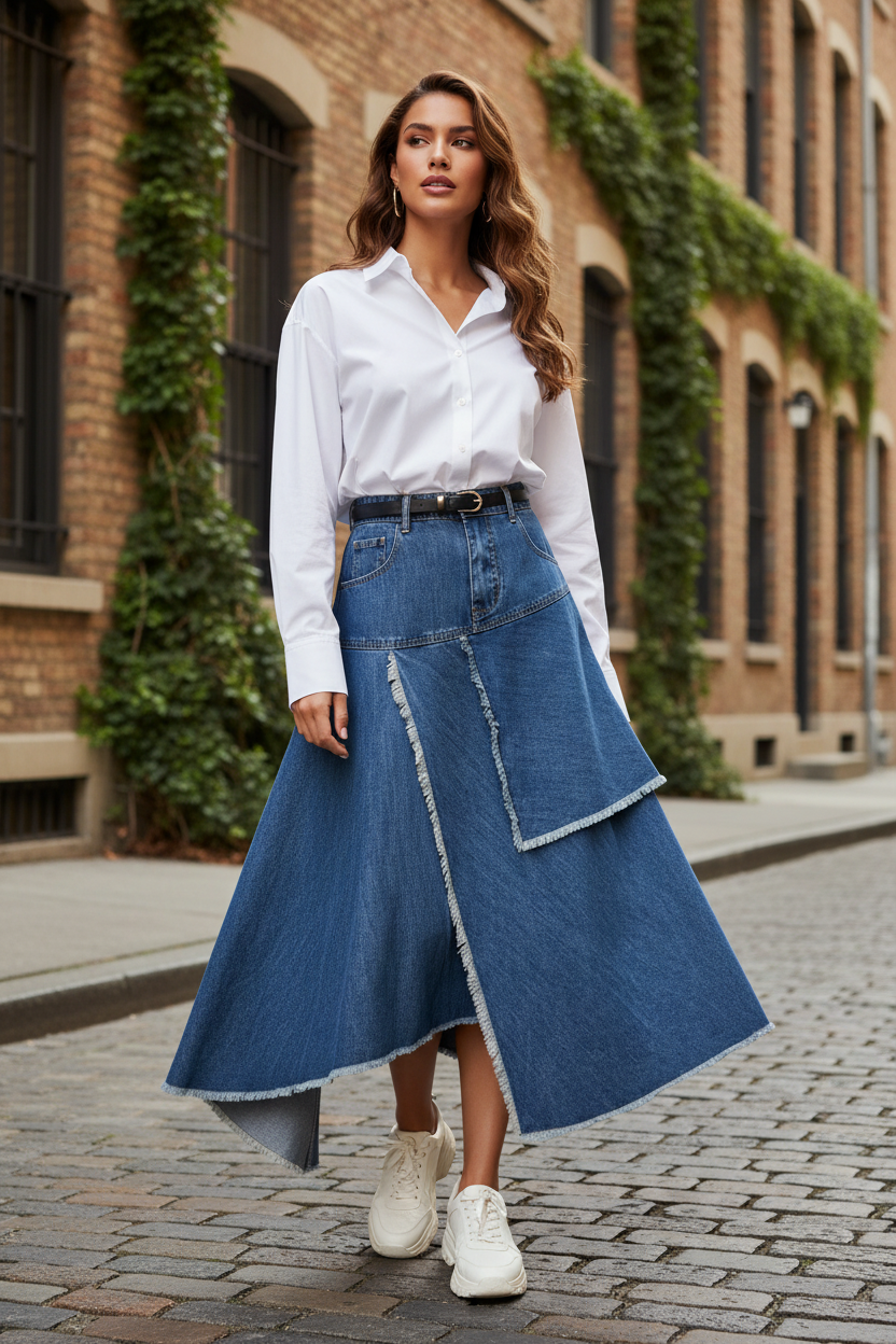 Spring Retro High Waist Irregular Denim Skirt - Female Model