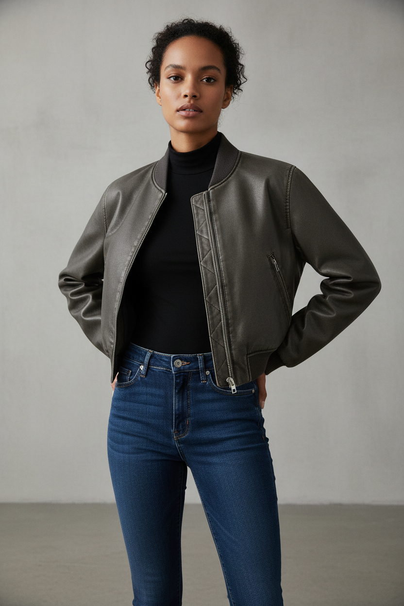 Stand Collar Polished Leather Distressed Coat female model