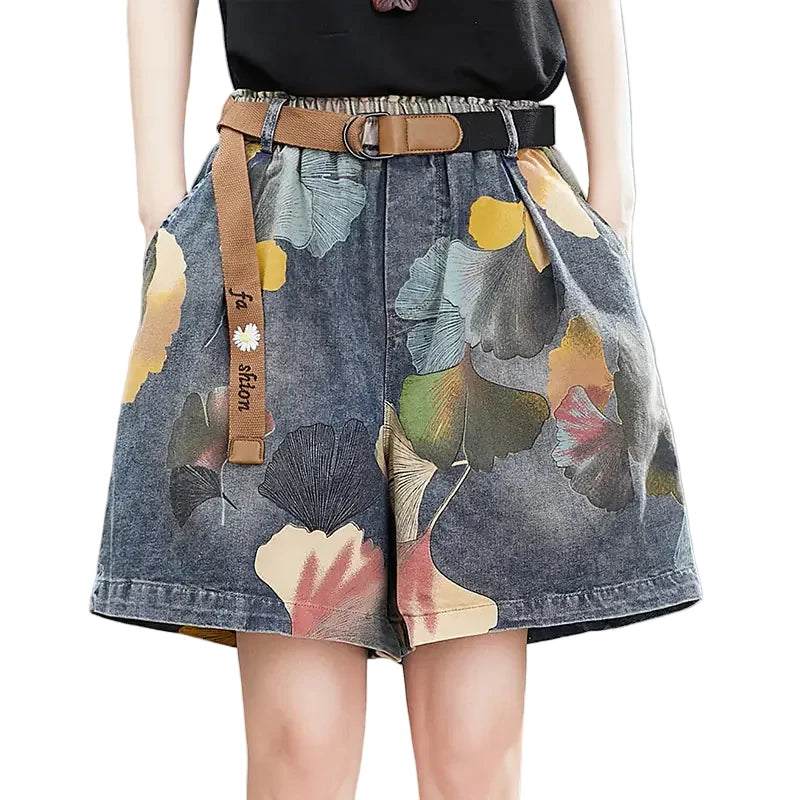 Thin Denim Printed Wide Leg Pants