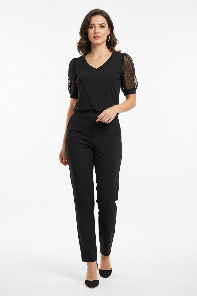 Summer V-Neck Dot Puff Sleeve Top - Black