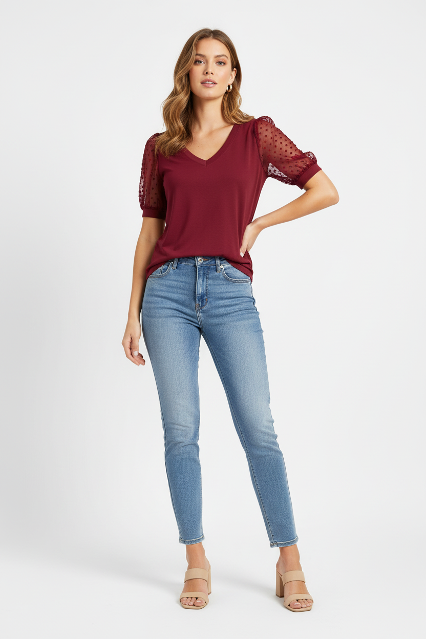 Summer V-Neck Dot Puff Sleeve Top - Burgundy