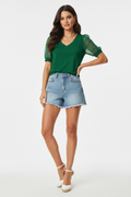 Summer V-Neck Dot Puff Sleeve Top - Green