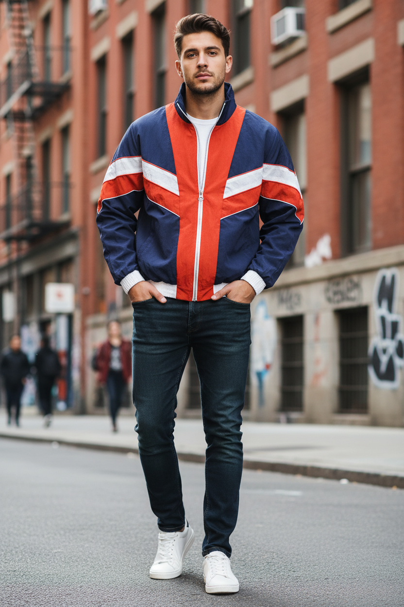 Thick Striped Baseball Jacket - Male Model