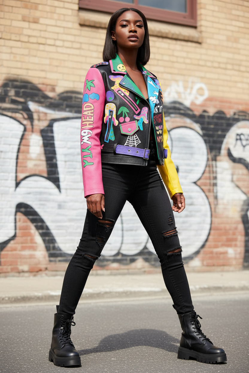 Trendy Color-blocked PU Leather Jacket - Female Model