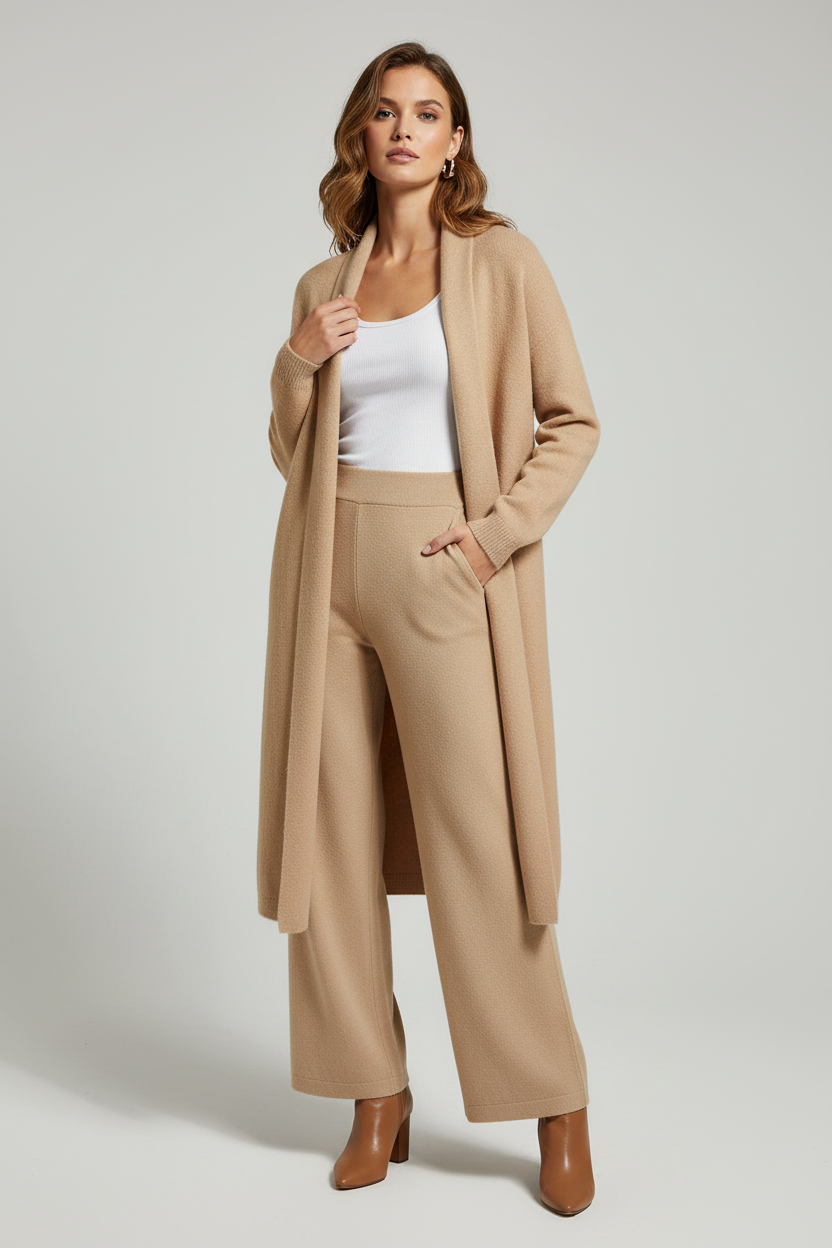 Trendy Knit Cardigan with Lapel - Beige