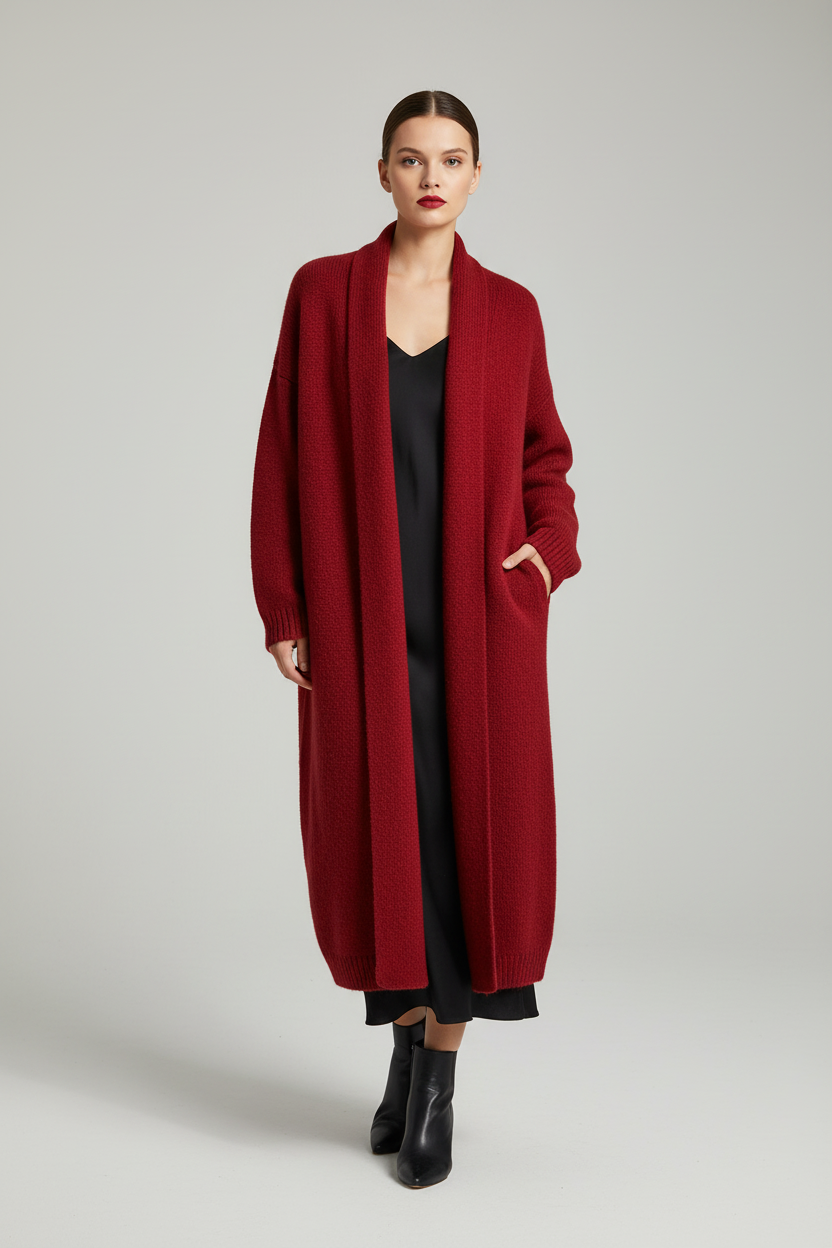 Trendy Knit Cardigan with Lapel - Red