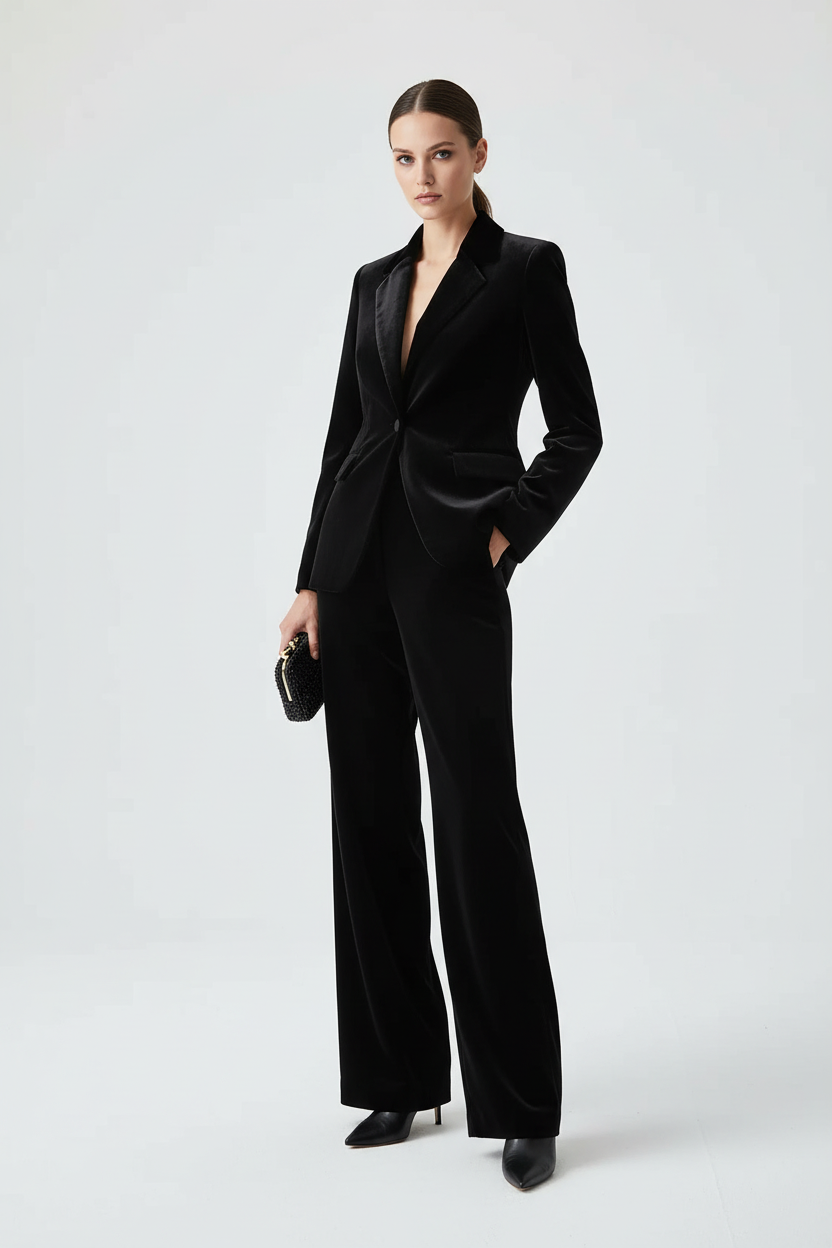 Velvet Suit Set with Long Pants - Black