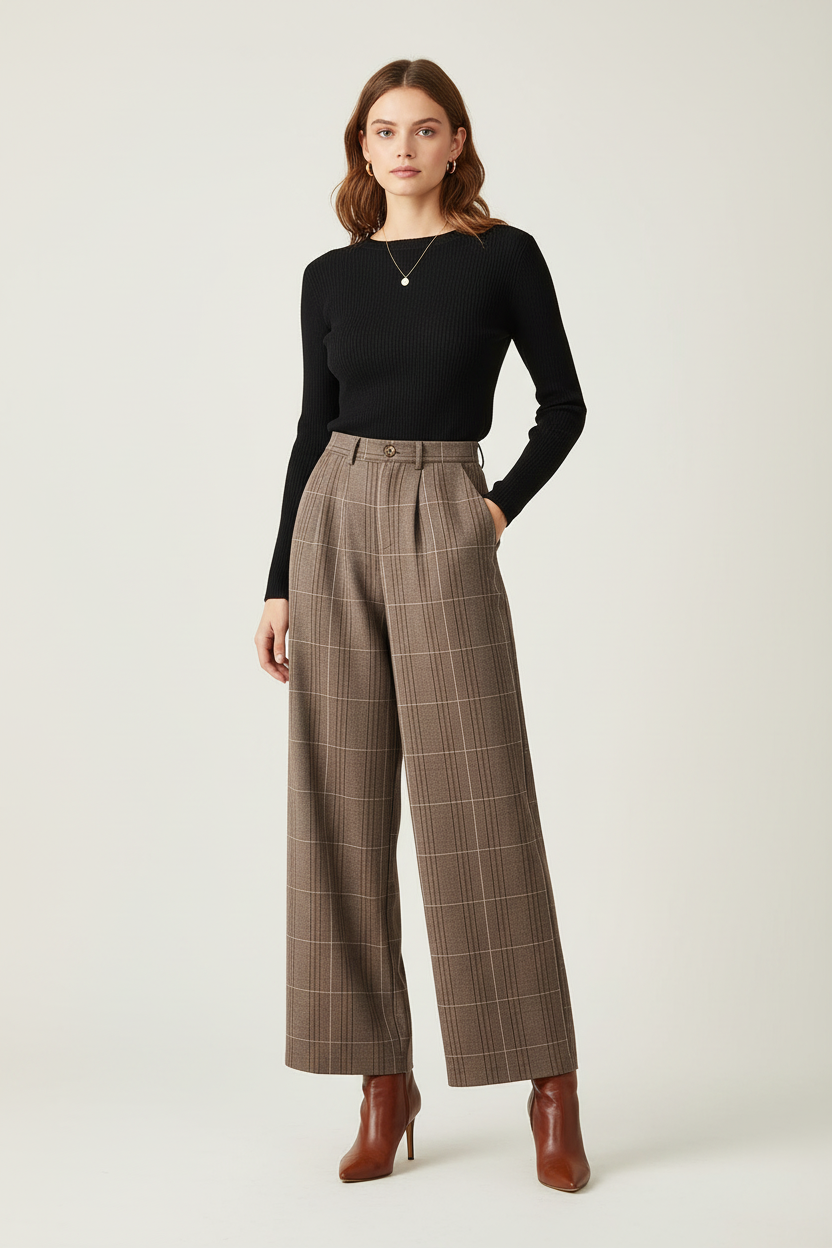 Vintage High-Waist Plaid Wide-Leg Trousers - Female Model