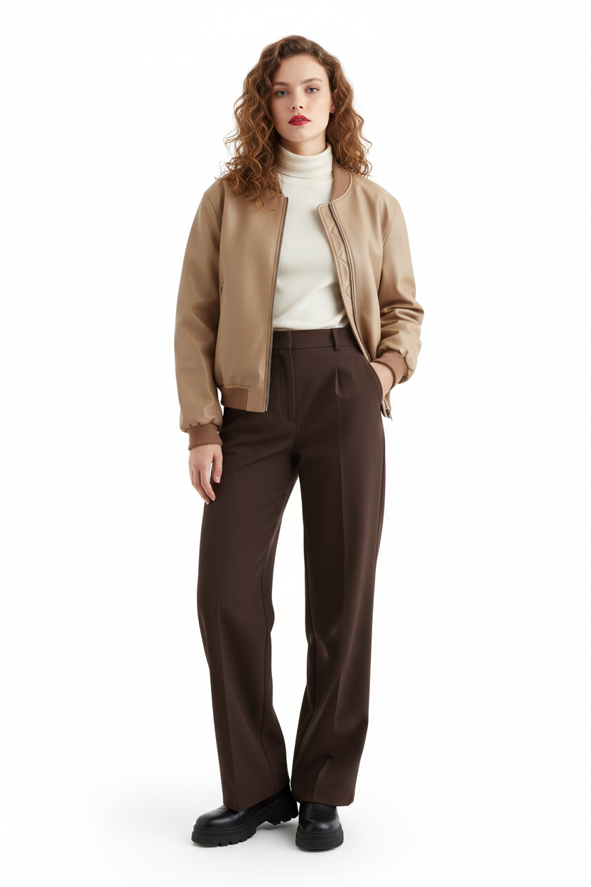Vintage PU Leather Bomber Jacket - Caramel