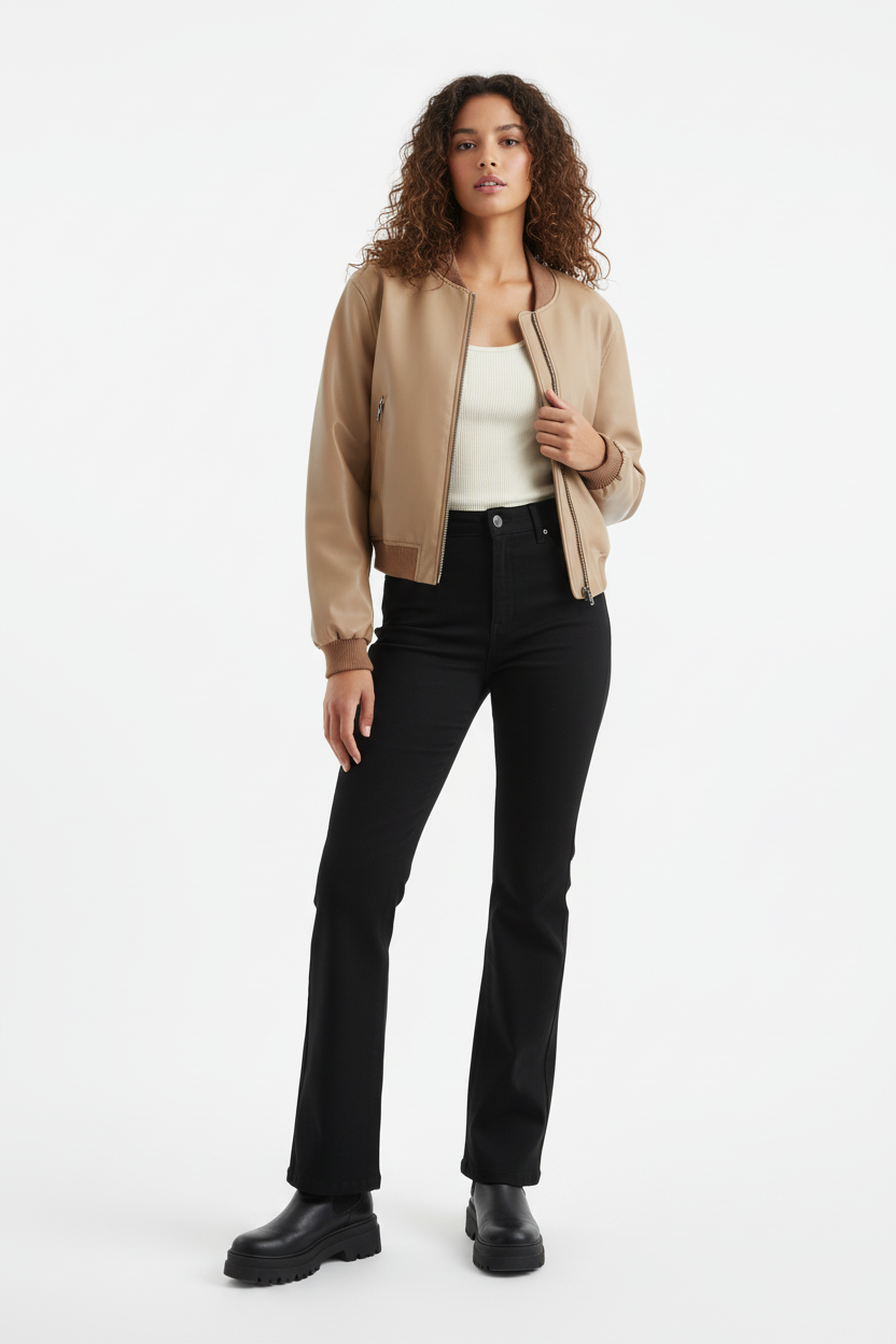 Vintage PU Leather Bomber Jacket - Tan