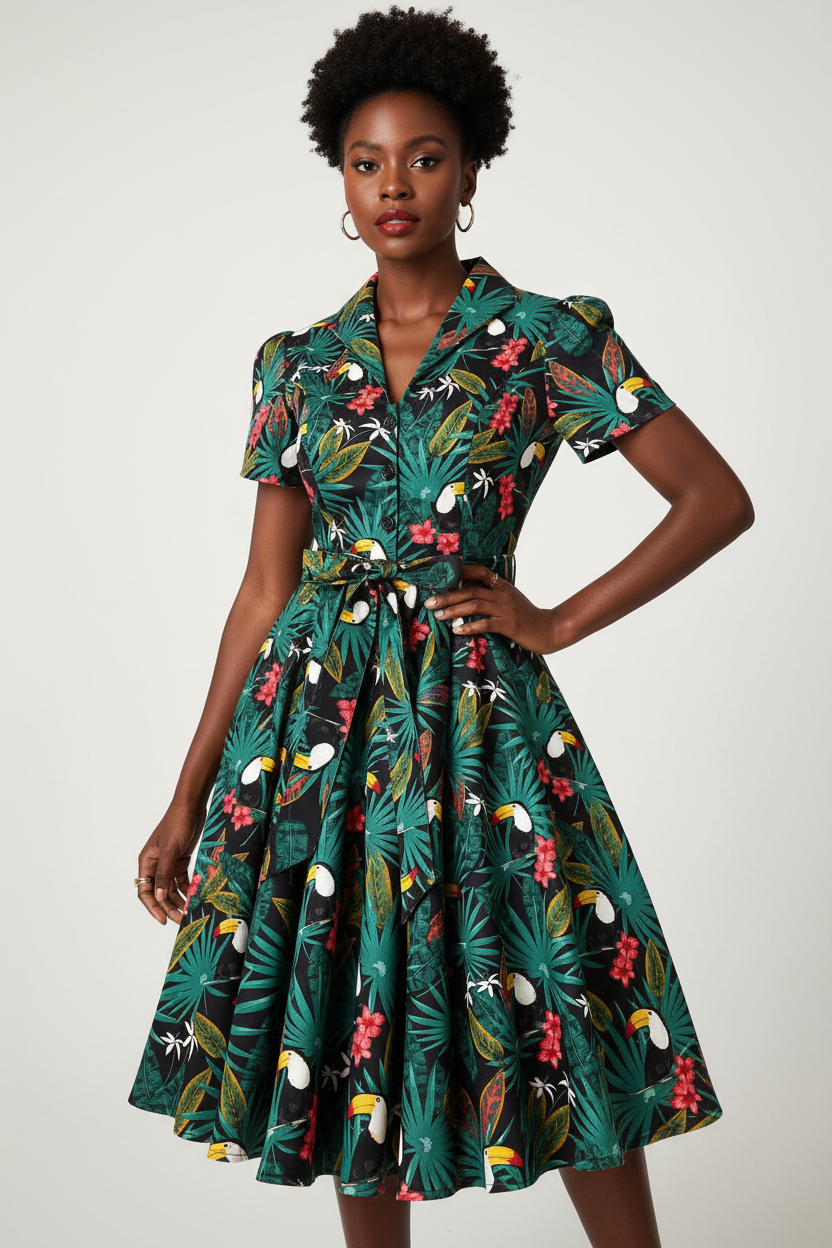 Vintage Puff Sleeve Bird Print Dress - Female Model