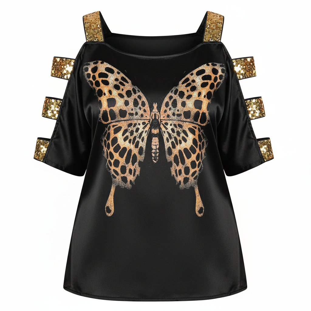 Hollow Butterfly Print Plus Size Casual Tops