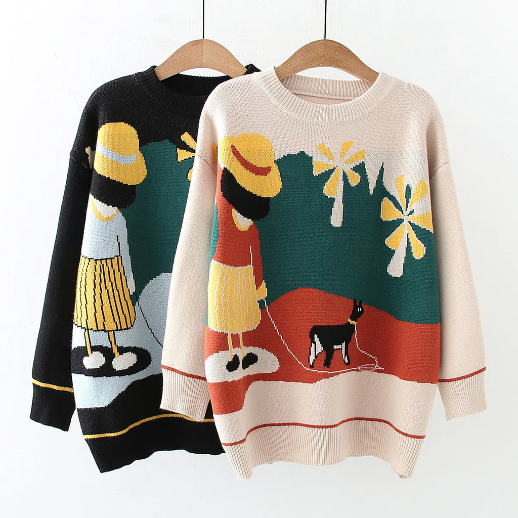 Cartoon Floral Pattern Oversized Knit Sweater